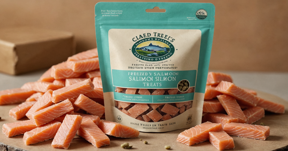 A close-up of Nutri Bites freeze dried salmon treats showing texture and packaging.
