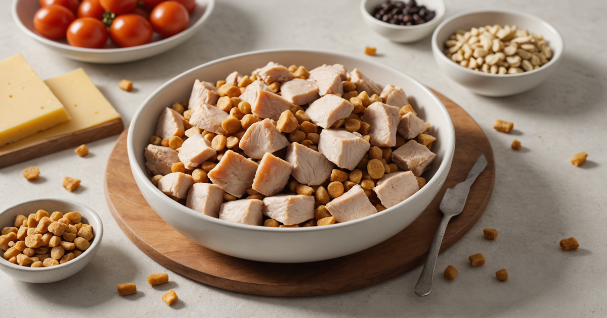 A bowl of PureBites Freeze Dried Chicken treats surrounded by fresh chicken breasts, illustrating the natural ingredients.