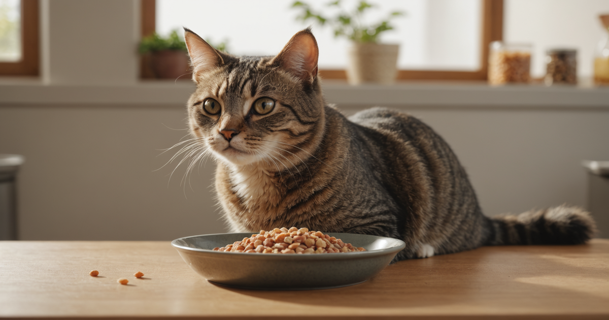 A cat eating rehydrated freeze dried food from a bowl