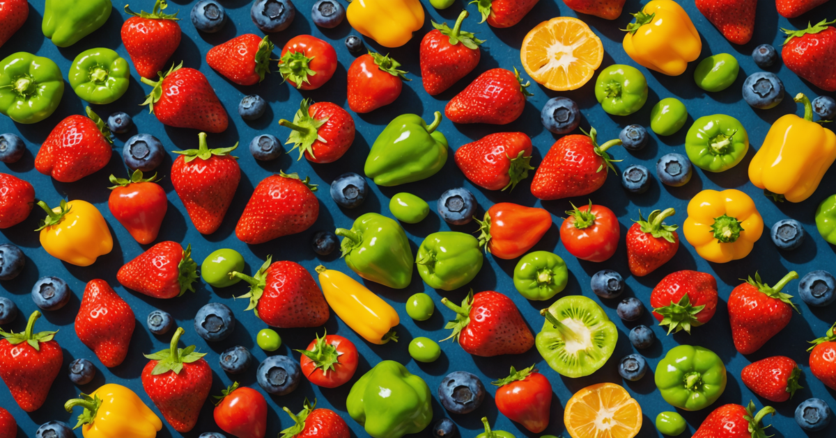 A colourful assortment of freeze dried fruits and vegetables, showcasing strawberries, blueberries, peas, and bell peppers.