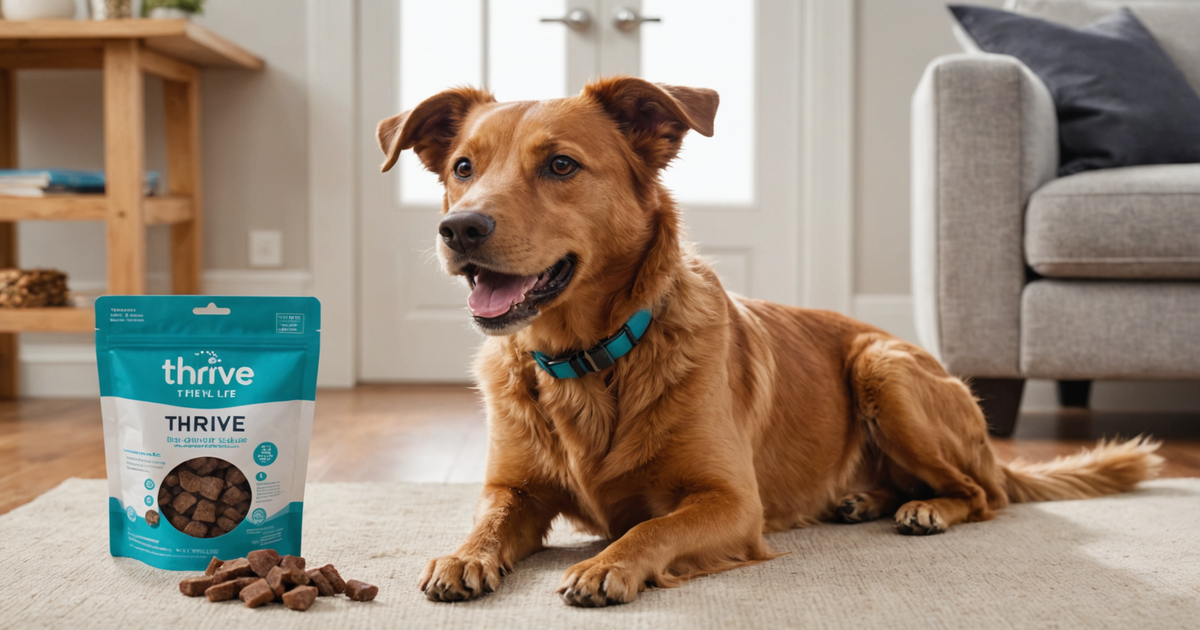 A happy dog enjoying a freeze dried liver treat, with a bag of Thrive Life treats in the background.