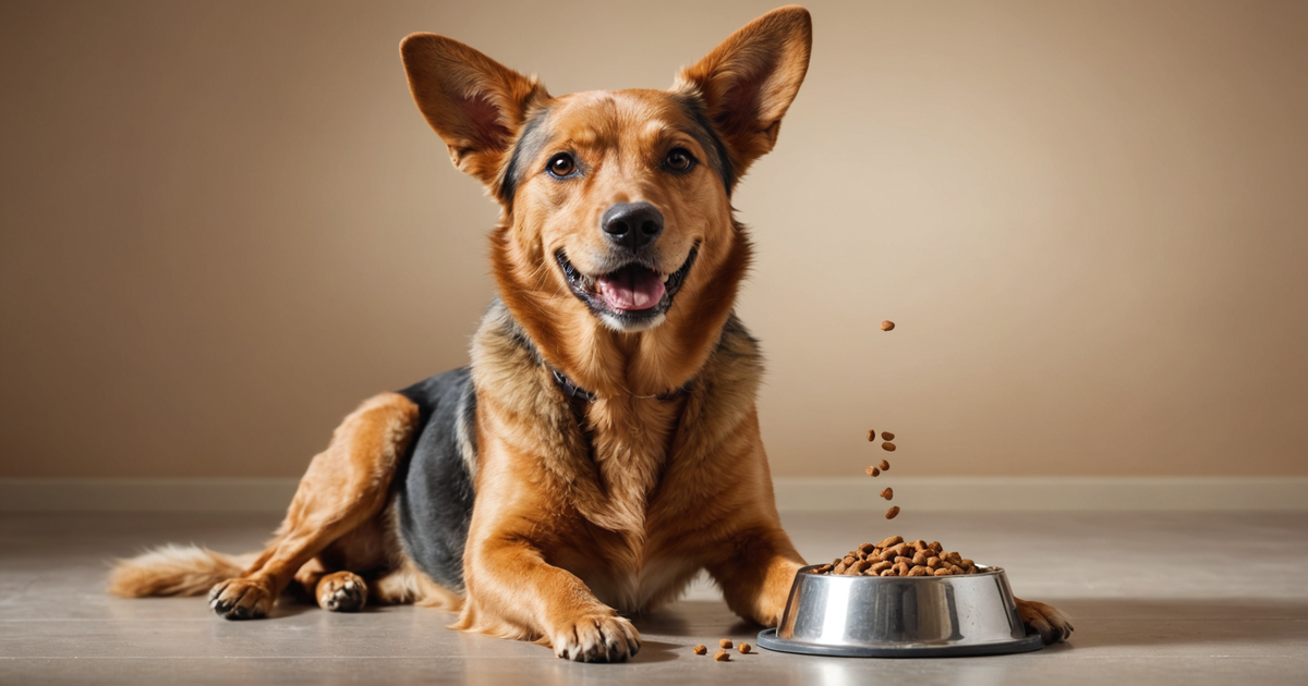 Happy dog eating freeze dried food