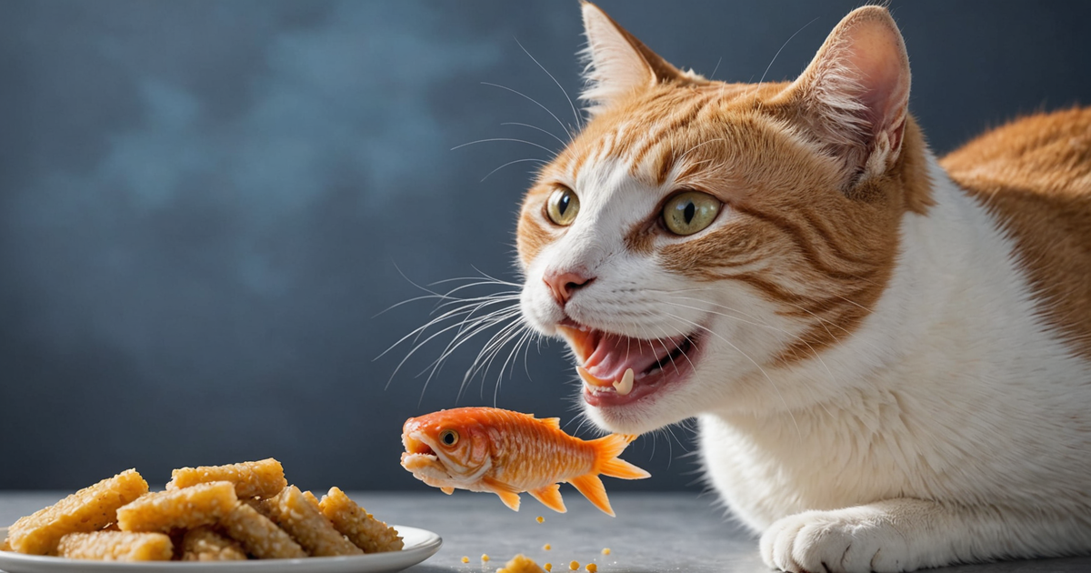 A happy cat chewing on a freeze dried fish treat, showing clean teeth.