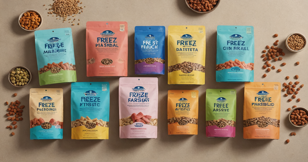 A variety of high-quality freeze dried meat dog food options displayed in their packaging.