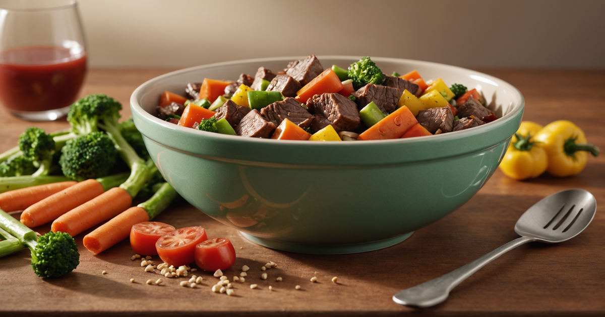 A bowl of Stella's Super Beef Meal Mixers with visible chunks of beef and vegetables.