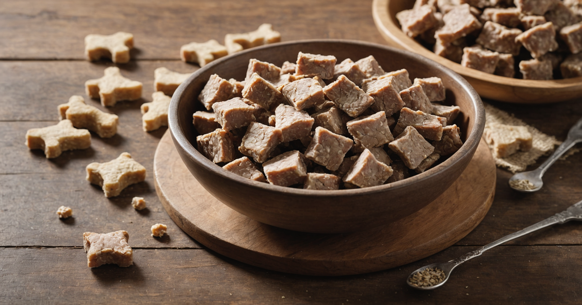 A bowl of freeze dried lamb dog treats next to fresh lamb meat