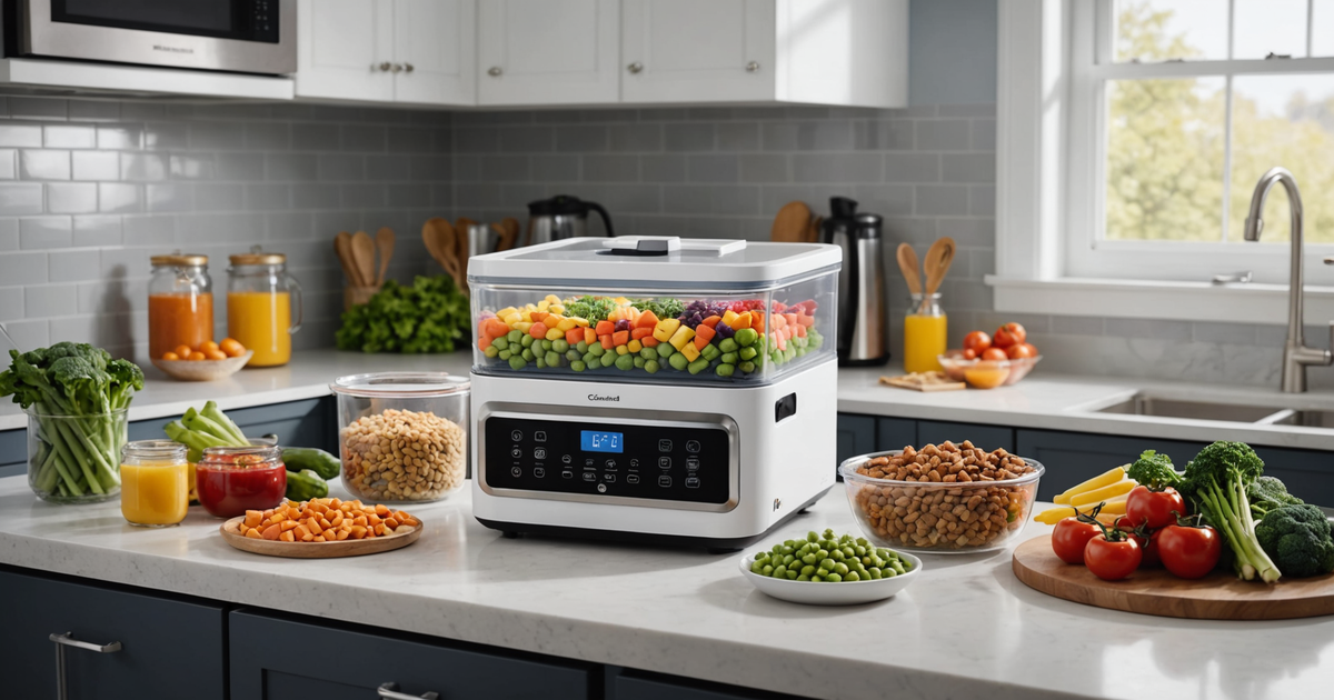 A home freeze dryer with trays filled with pet food ingredients