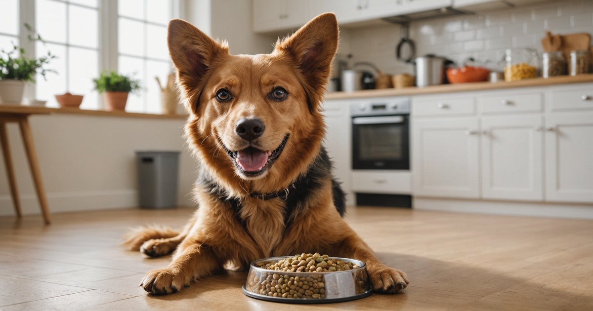 A happy dog enjoying a bowl of freeze-dried raw food.