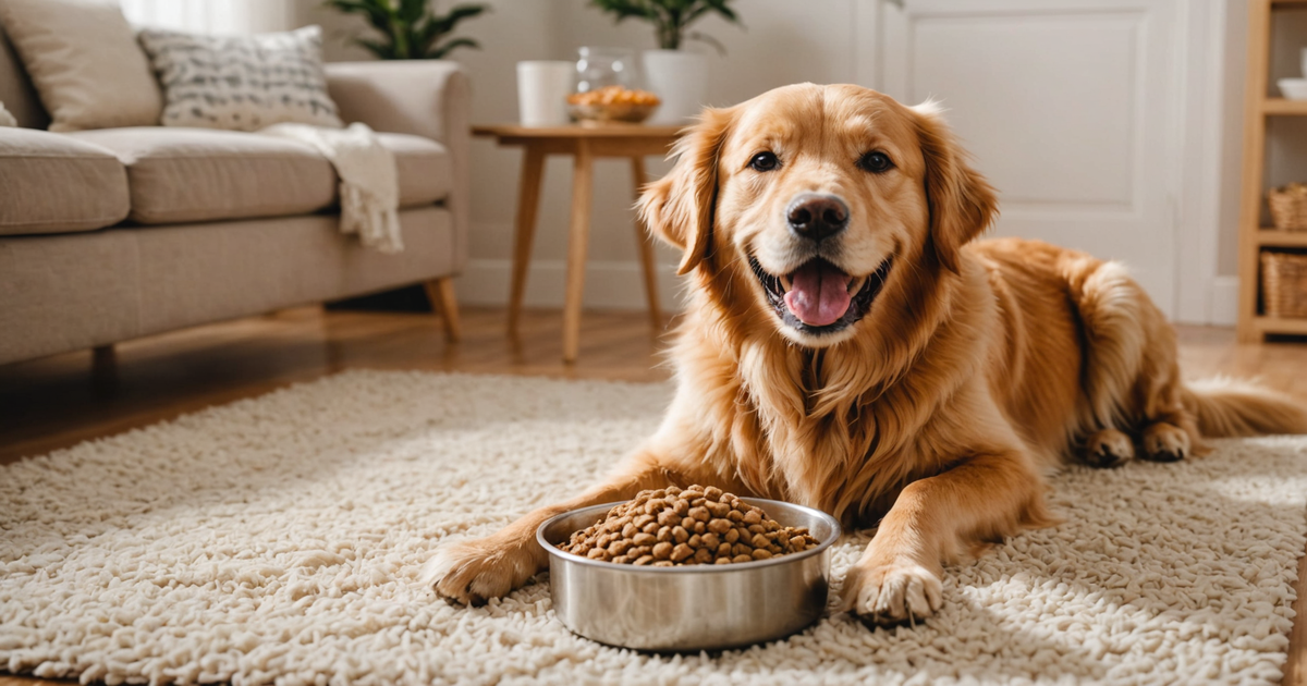 A happy dog enjoying a meal of Open Farm freeze-dried raw dog food