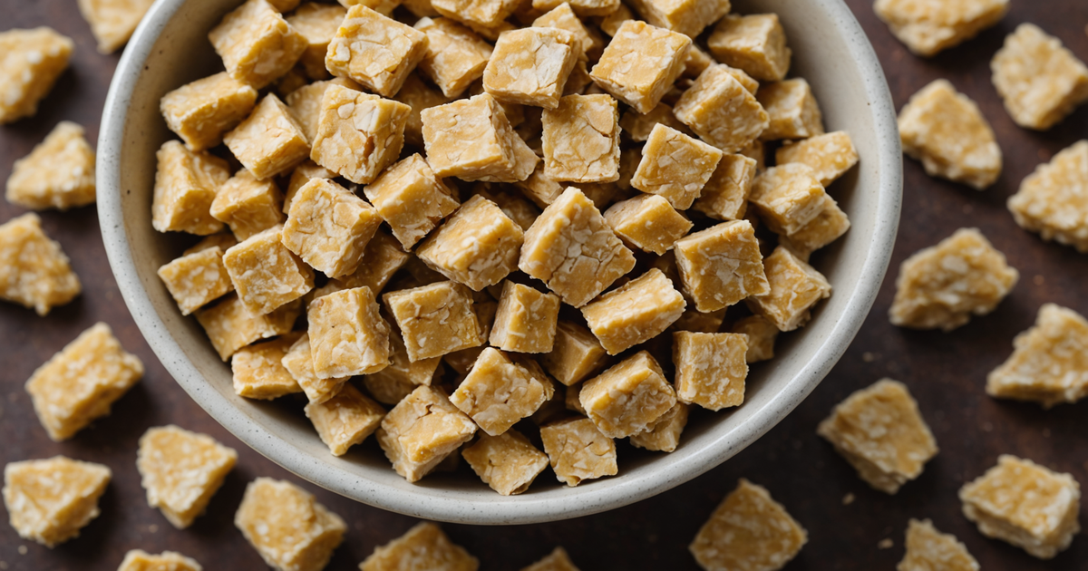 A close-up of Simply Nourish Freeze Dried Chicken treats in a bowl, highlighting their texture and appearance.