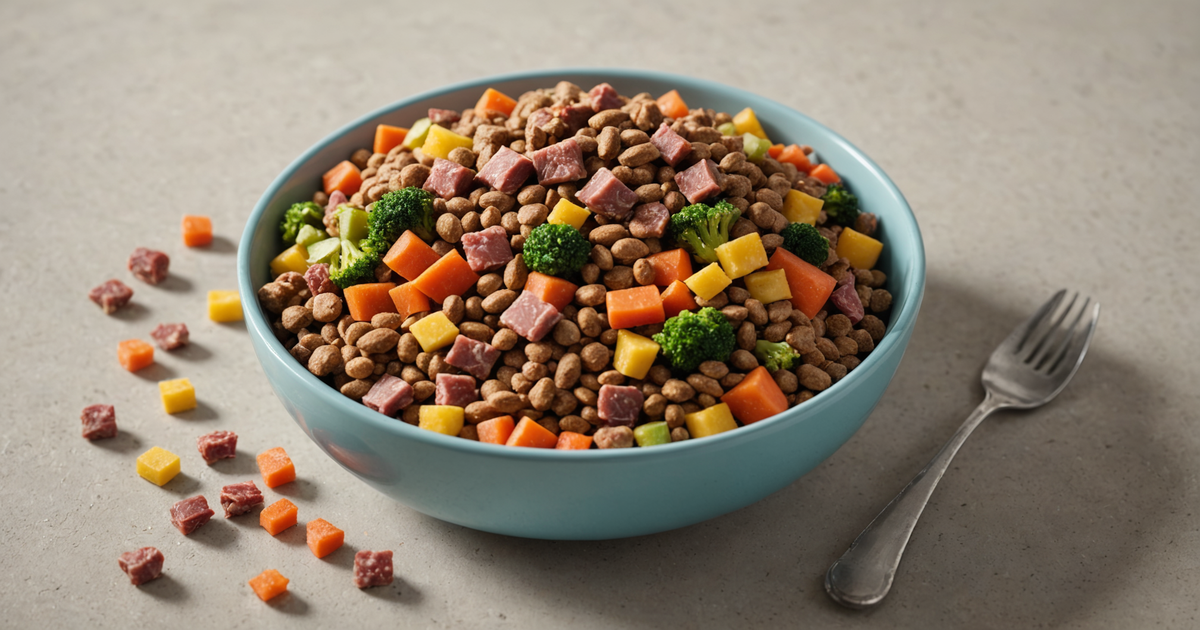 A bowl of freeze-dried dog food with visible chunks of meat and vegetables.
