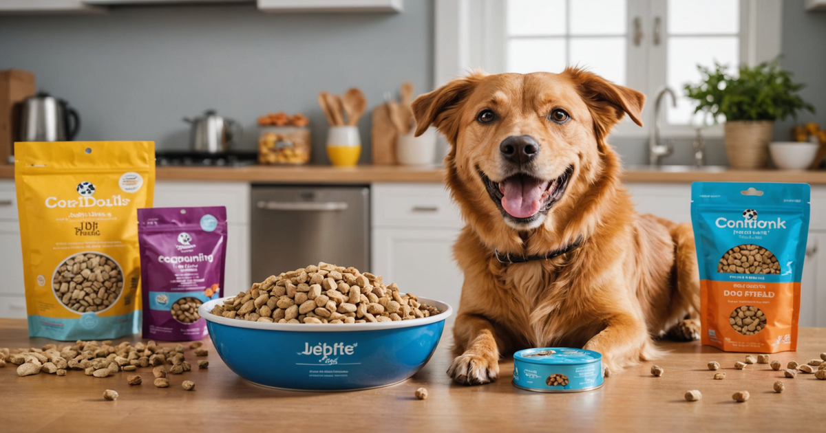 A happy dog with a full bowl of freeze-dried food, surrounded by packaging.