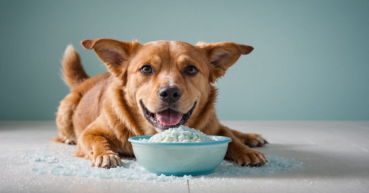 A dog happily eating from a freeze bowl with visible frost