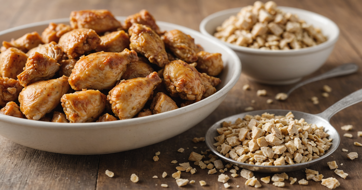 A bowl of dry freeze chicken next to fresh chicken to highlight the comparison in size and texture.