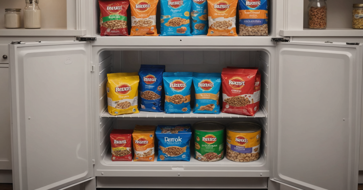 A freezer stocked with neatly organised, labelled packets of dog food portions.