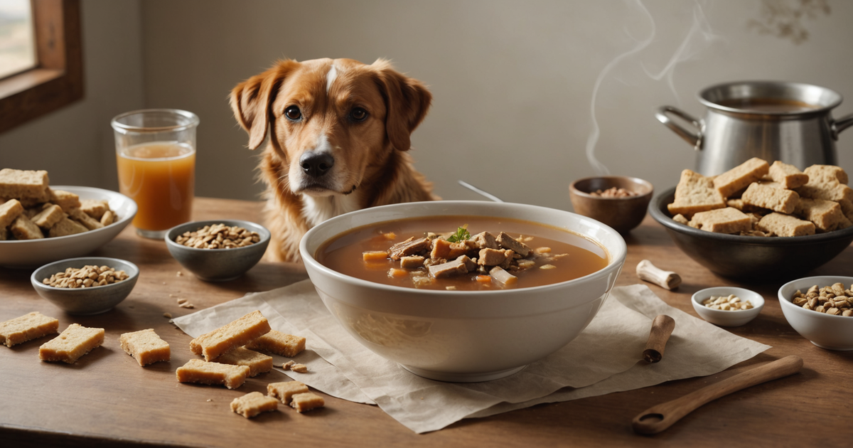 A bowl of rehydrated bone broth with dog treats