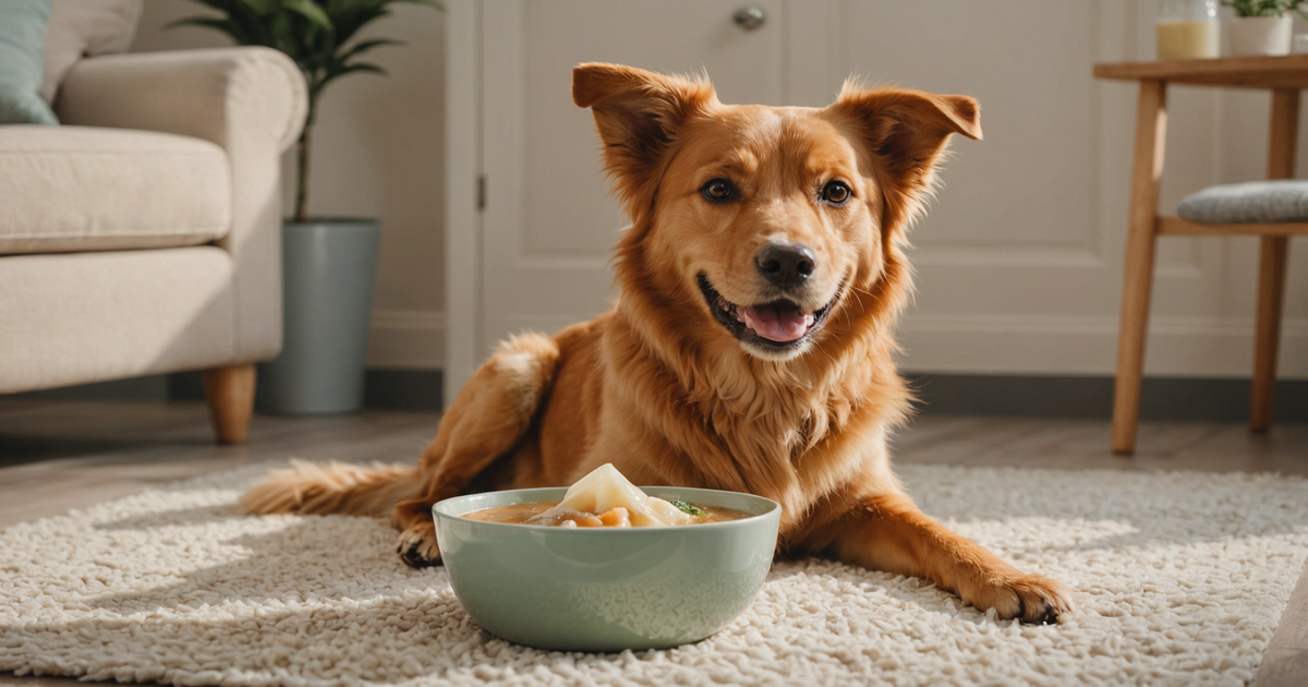 A happy dog enjoying a bowl of bone broth