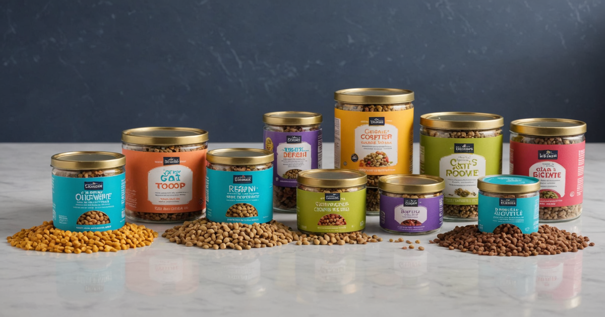A variety of freeze dried cat food toppers next to a bowl of cat kibble.