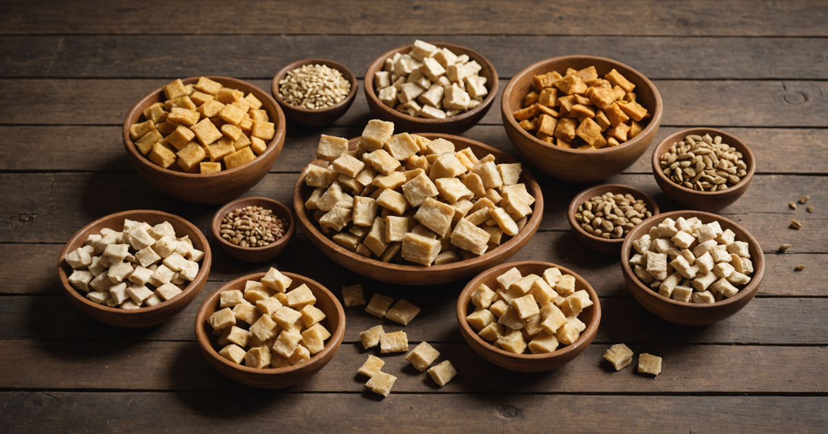 A variety of freeze dried chicken breast treats on a wooden table, showcasing their texture and appearance.