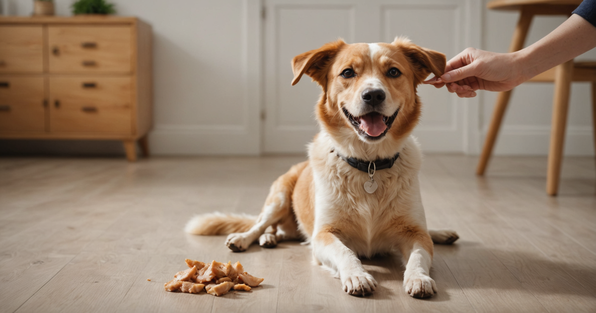 A dog happily receiving a freeze dried chicken breast treat during a training session.