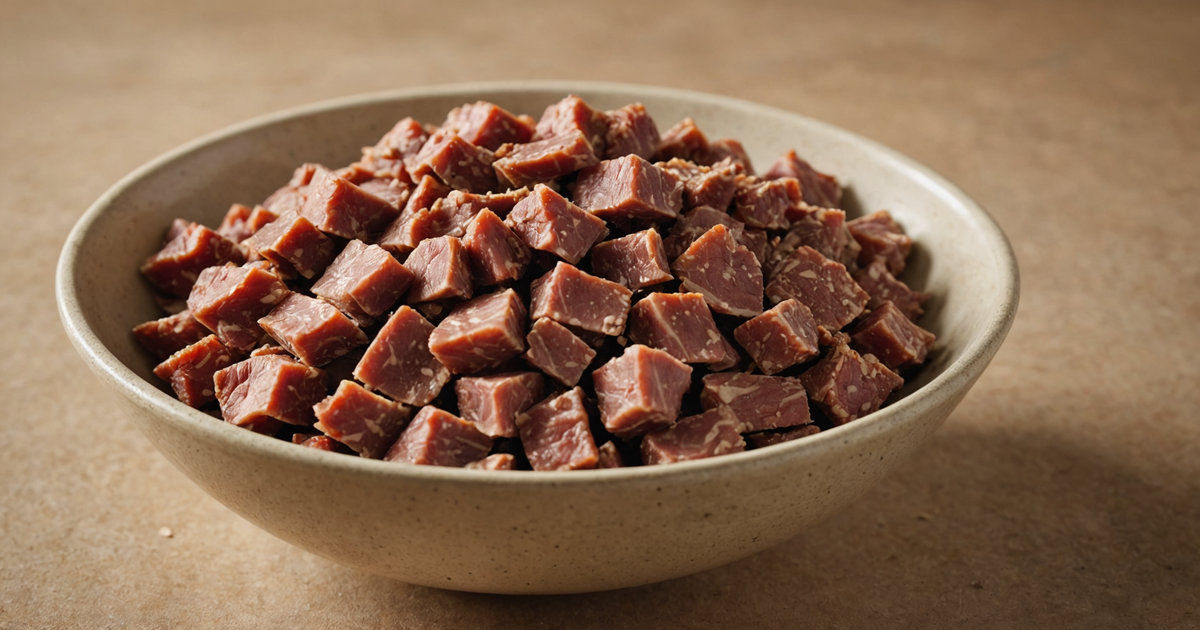 A bowl of rehydrated freeze-dried meat for pets