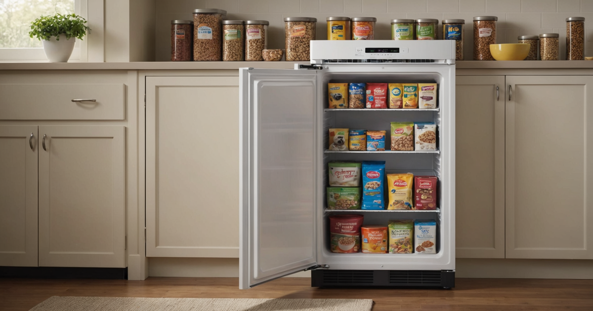 Properly labelled and sealed dog food packages in a freezer