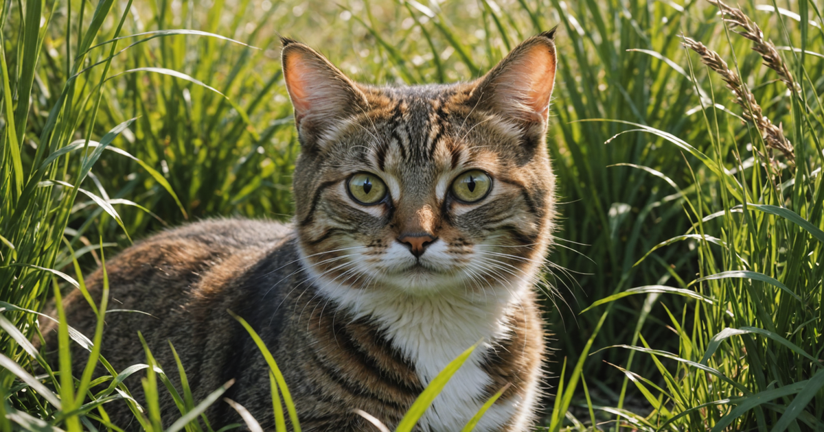 A cat exhibiting a freeze response in a natural setting