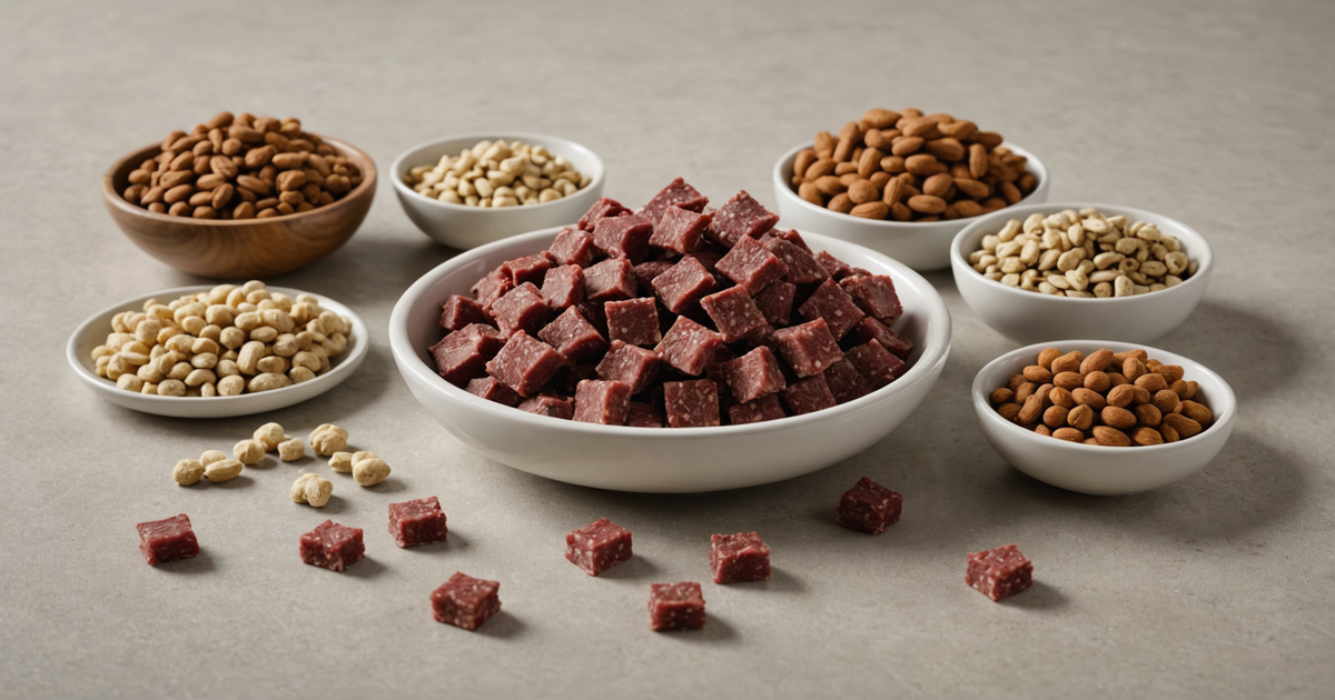 An assortment of freeze dried beef treats in a pet-friendly setting