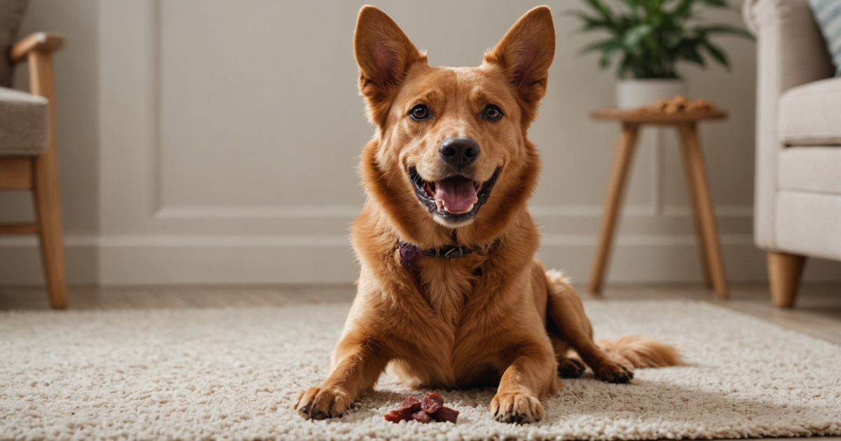 A happy dog enjoying freeze dried beef treats
