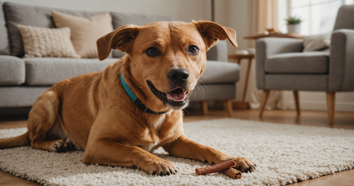 A happy dog chewing on a freeze dried bully stick.
