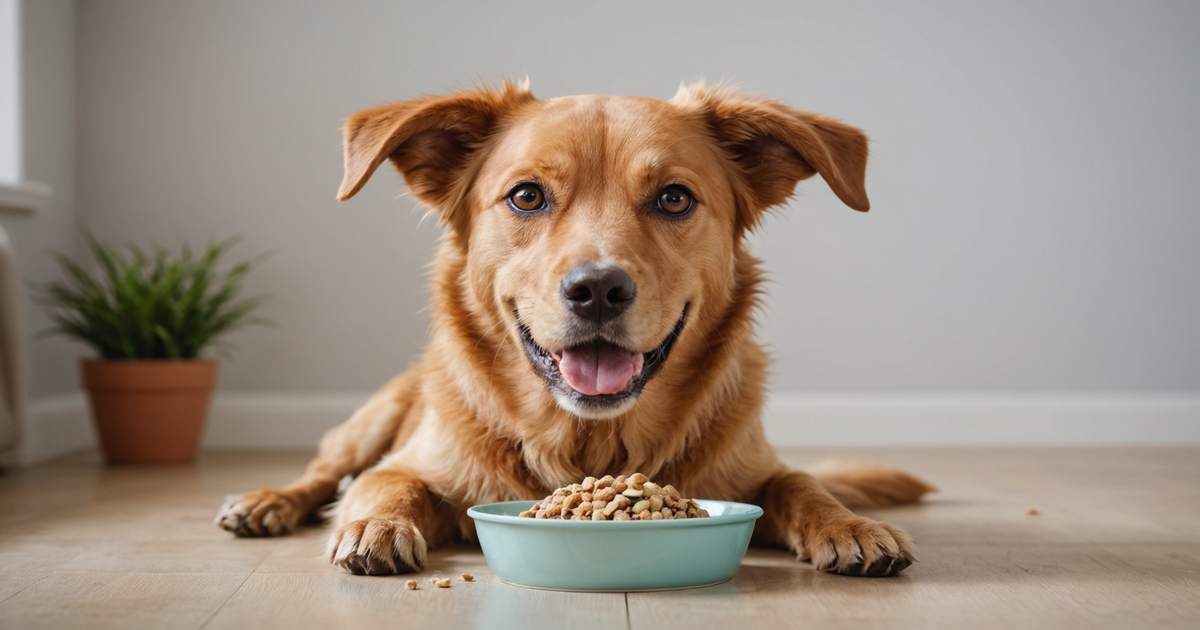Dog happily eating a bowl of freeze dried food