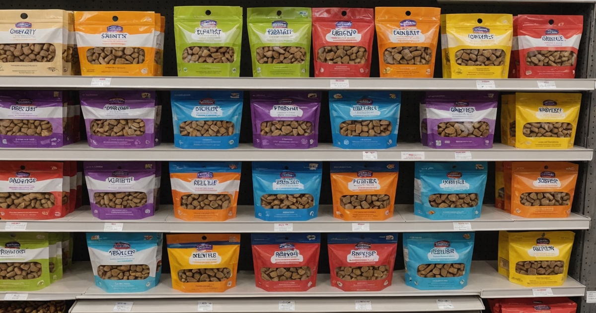 A colourful display of freeze dried liver dog treats in a Costco store, with clear labelling and packaging.