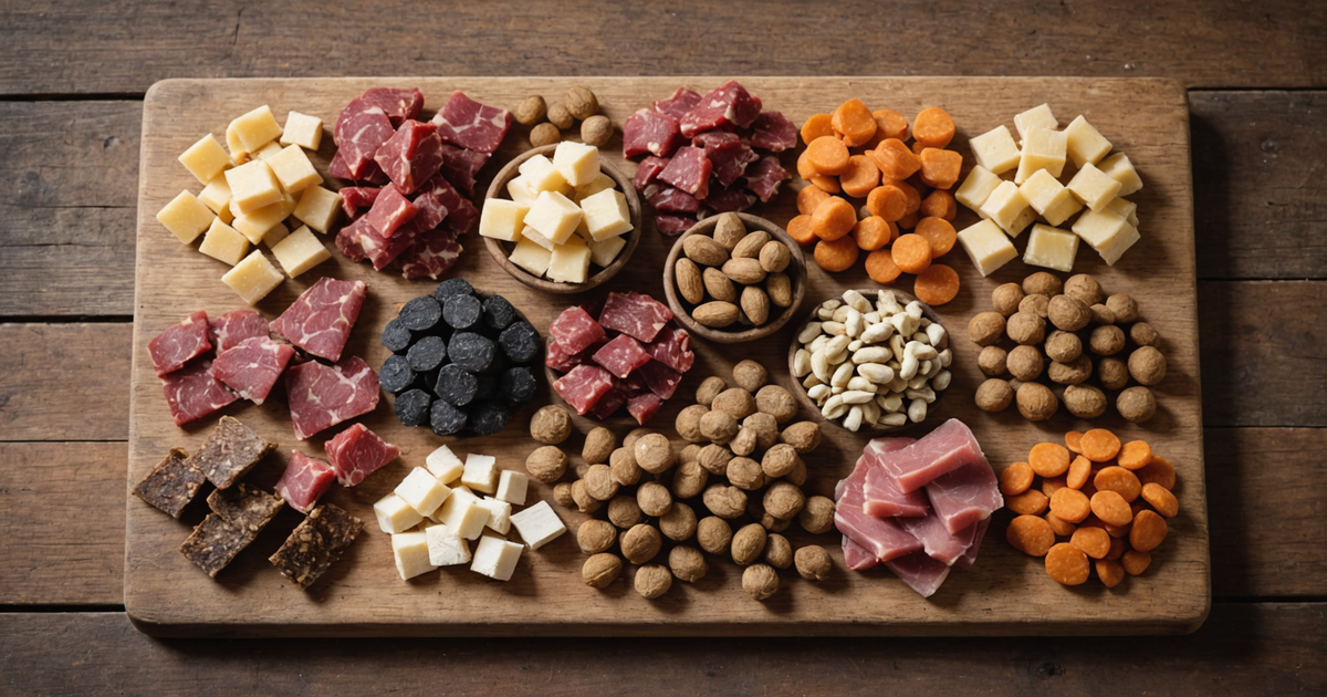 A variety of freeze dried meat treats arranged on a wooden board