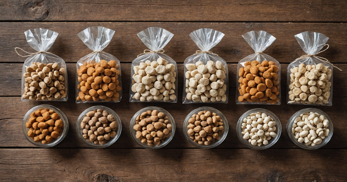 A variety of freeze dried raw dog treats displayed on a wooden table