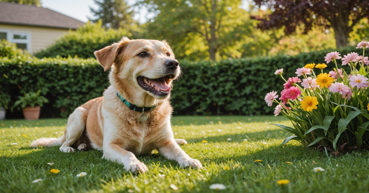 A happy dog enjoying a freeze dried raw treat in a garden setting