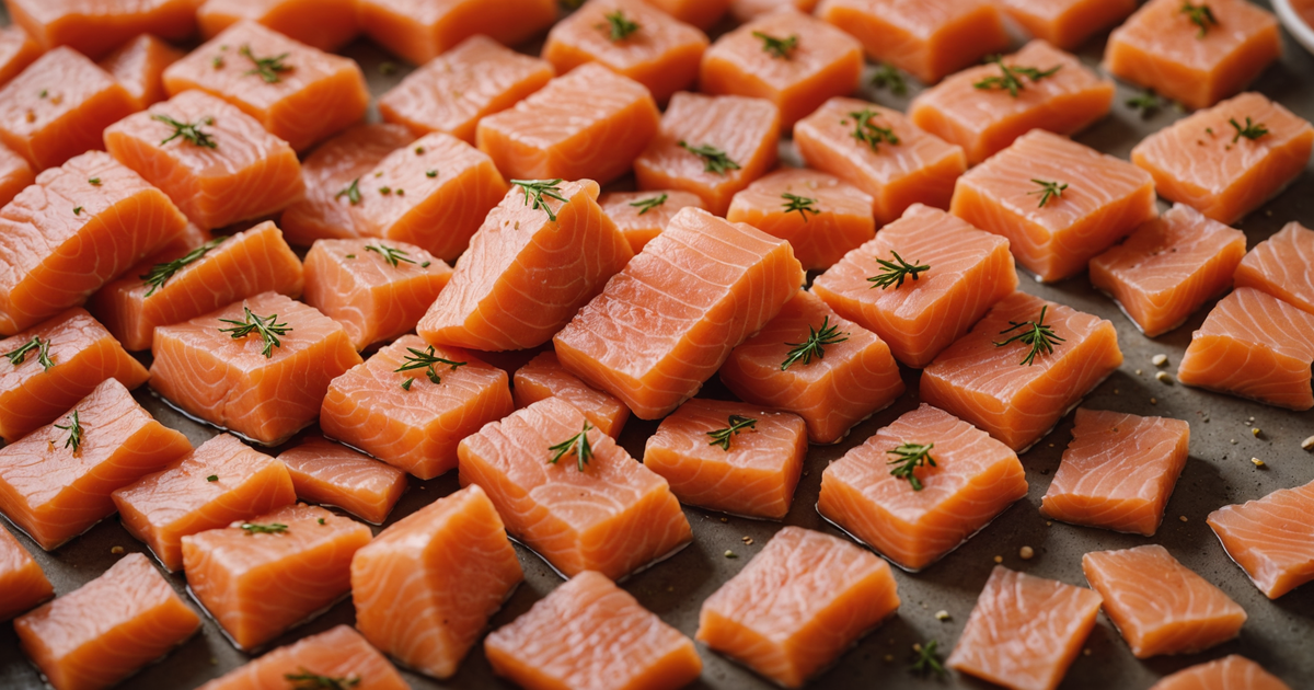 A close-up of freeze dried salmon pieces, highlighting texture and colour.