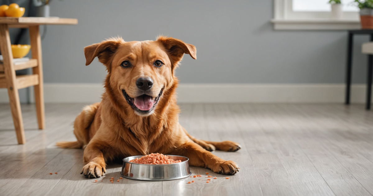 A happy dog enjoying a bowl of rehydrated freeze dried salmon dog food.