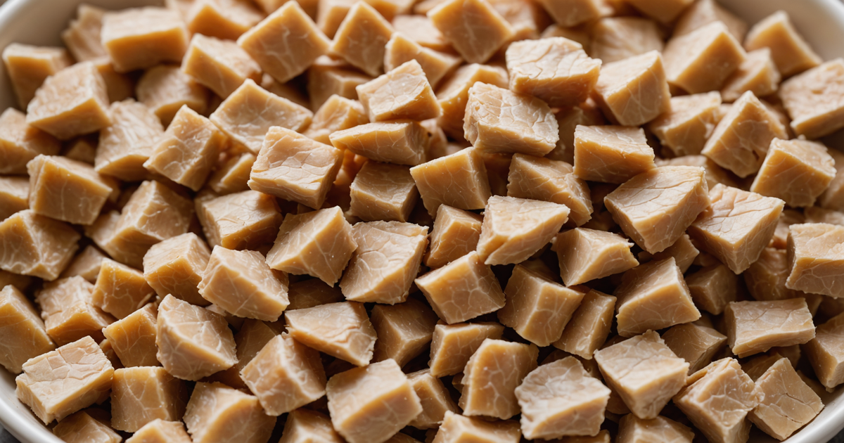 A close-up of freeze dried turkey pieces in a bowl, illustrating their texture and appearance.