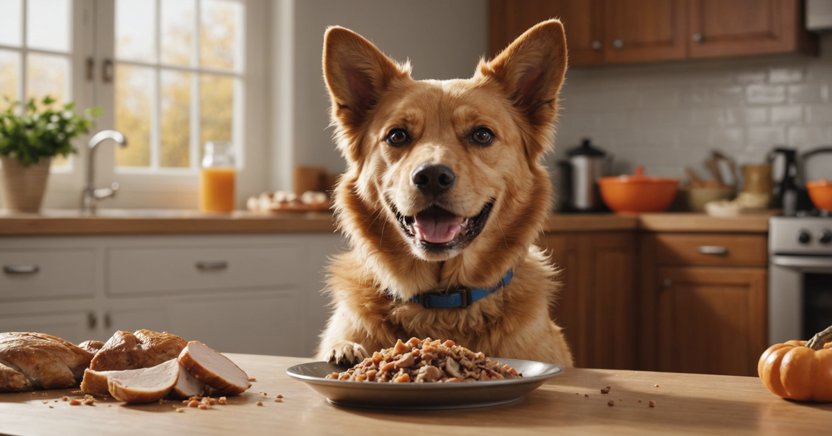 A dog eagerly eating freeze dried turkey from a bowl, illustrating the product's appeal.