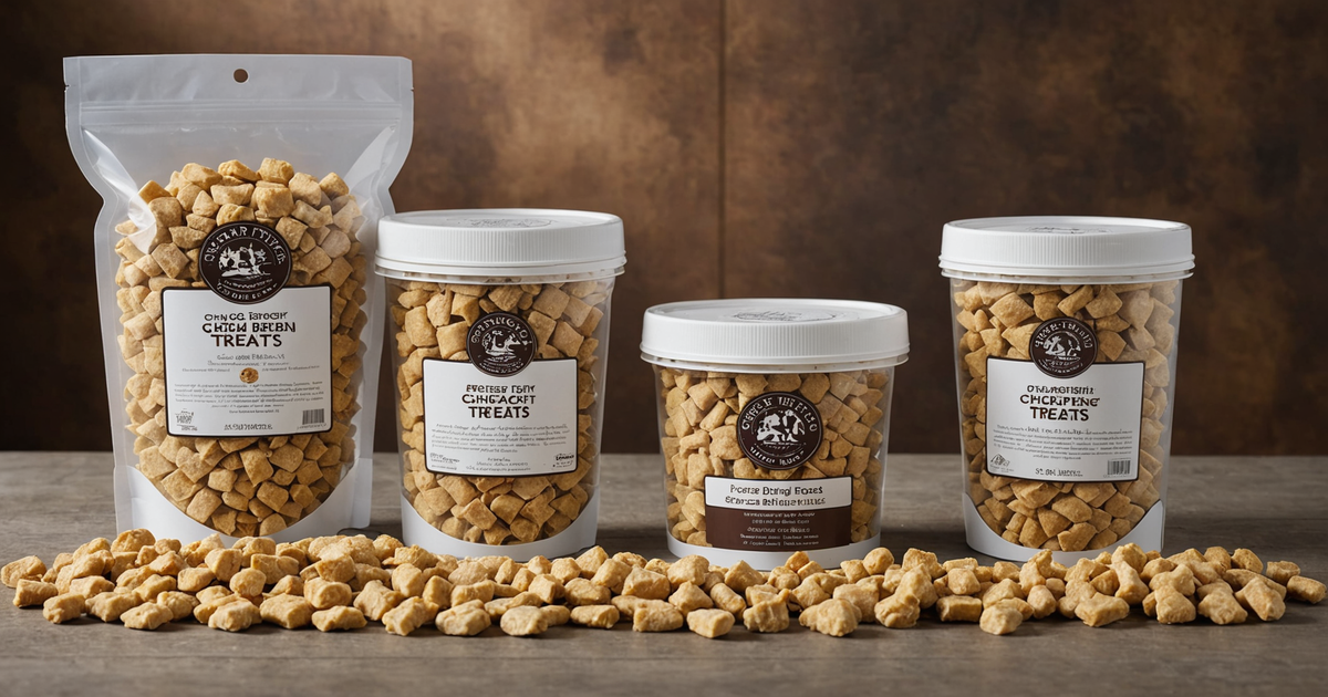 A range of freeze-dried chicken treats for pets, highlighting their texture and appeal