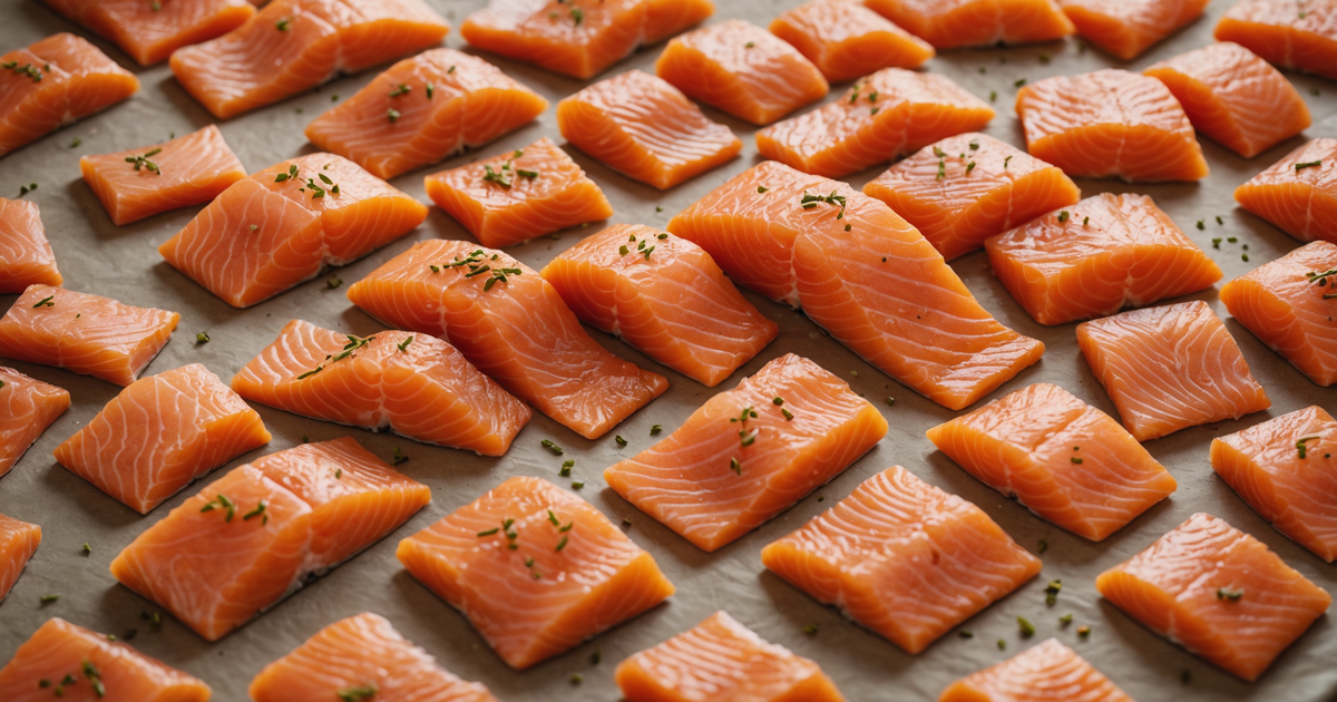 A vibrant image of freeze-dried salmon pieces, showcasing their texture and colour.