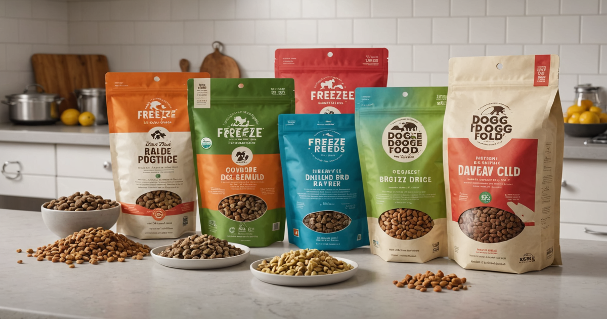 A comparison of ingredient labels from different freeze-dried raw dog food brands.
