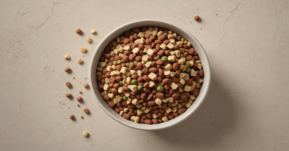A bowl of freeze dried dog food with visible natural ingredients.