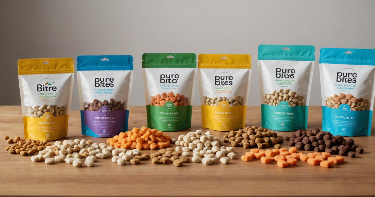 A selection of Pure Bites Freeze Dried Treats laid out on a table, showing different flavours and packaging.