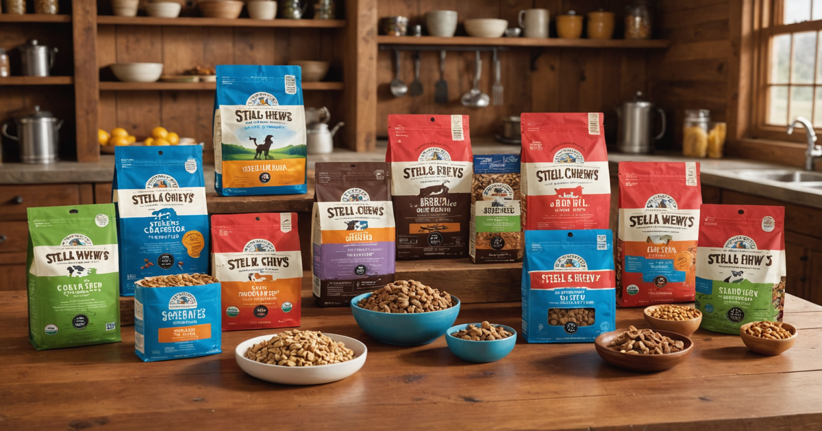 A variety of Stella & Chewy's freeze dried dog food products displayed on a rustic wooden table