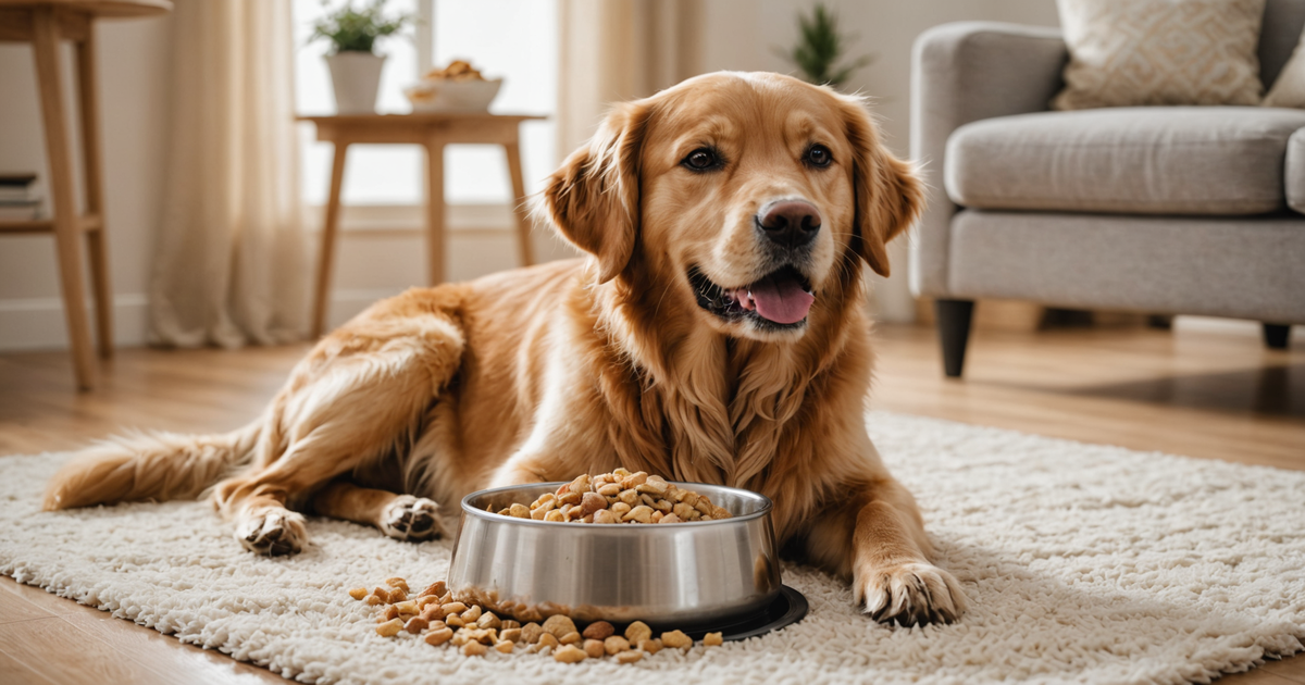 A dog happily eating from a bowl filled with Stella & Chewy's freeze dried food