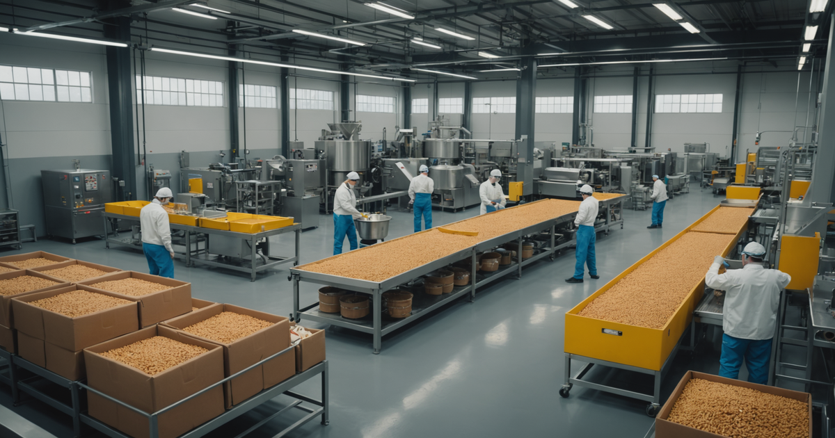Factory setting with quality control measures being implemented in the production of pet food.