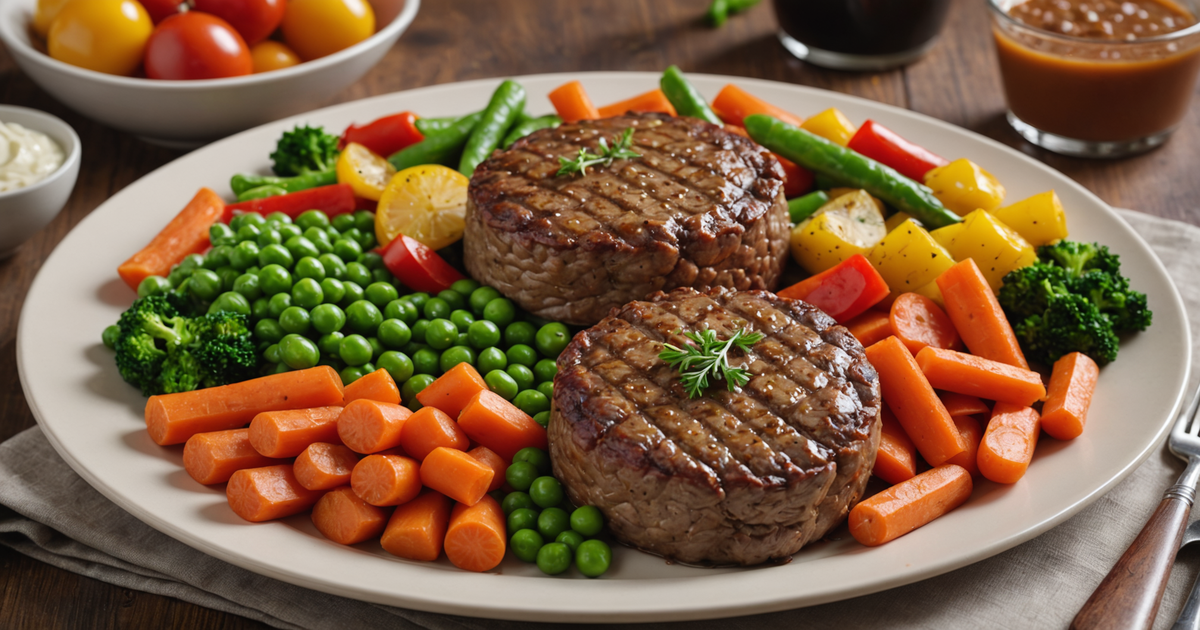 A bowl of Stella's Super Beef Dinner Patties with fresh vegetables and beef cuts