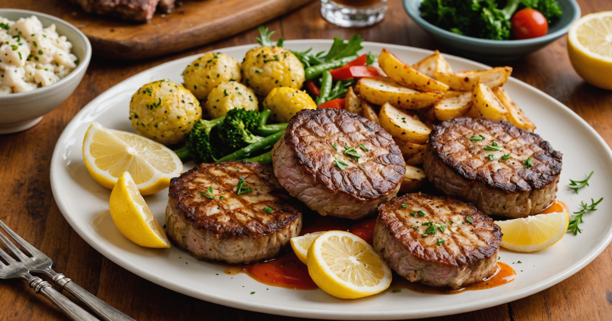 A serving of Stella's Surf 'N Turf Dinner Patties with fresh fish and beef
