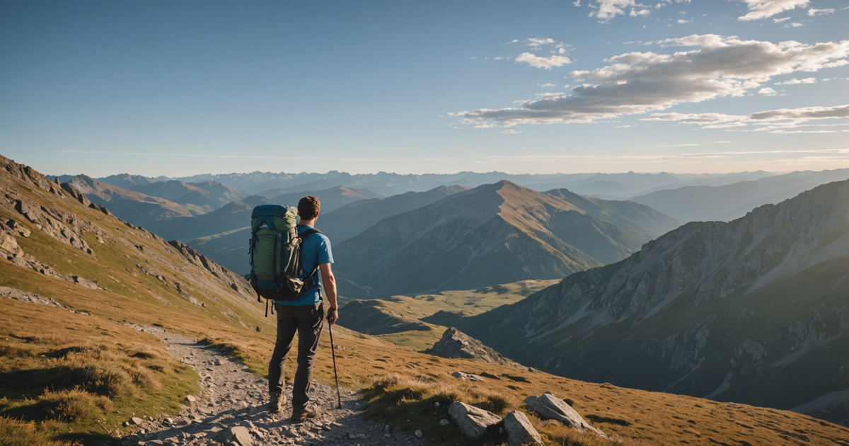 A backpacker with a lightweight pack of freeze dried food on a mountain trail.